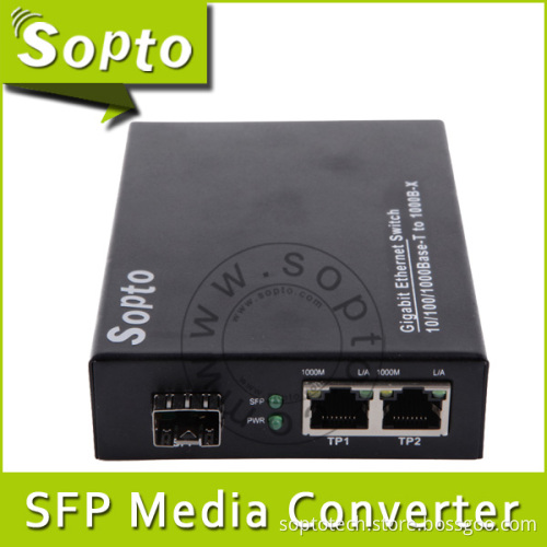 Two UTP Ports and One 1000m SFP Gigabit Media Converter (SPM-E12T2X-PX)